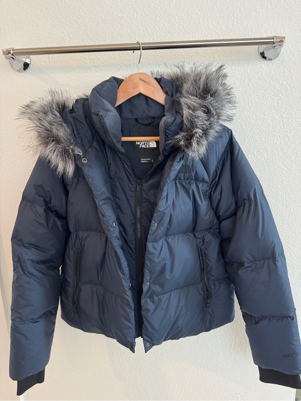 The North Face Down Filled Dark Blue Women’s Puffer Jacket with Faux Fur Hood
